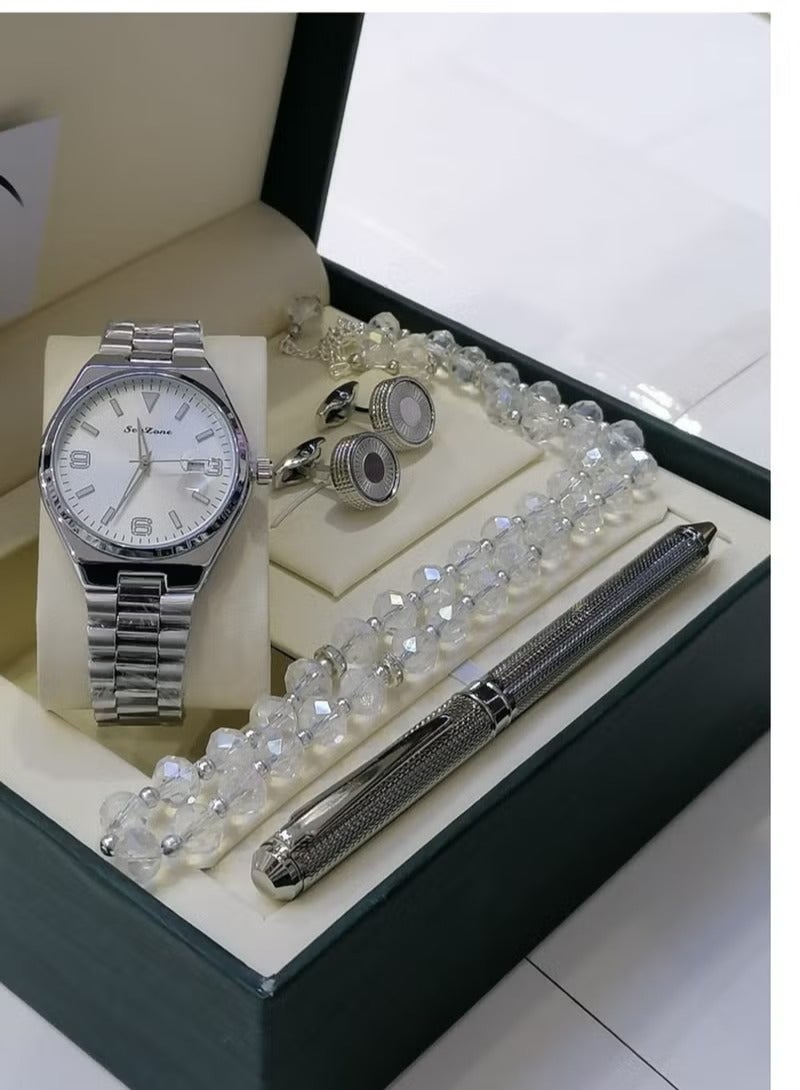 طقم رجالي من الستانلس ستيل مكون من ساعة وسبحة وقلم وازرار اكمام القمصان